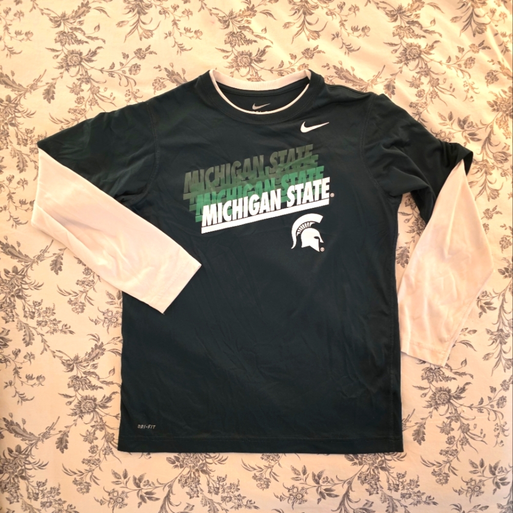 Nike Green and White Michigan State Long Sleeve Tee